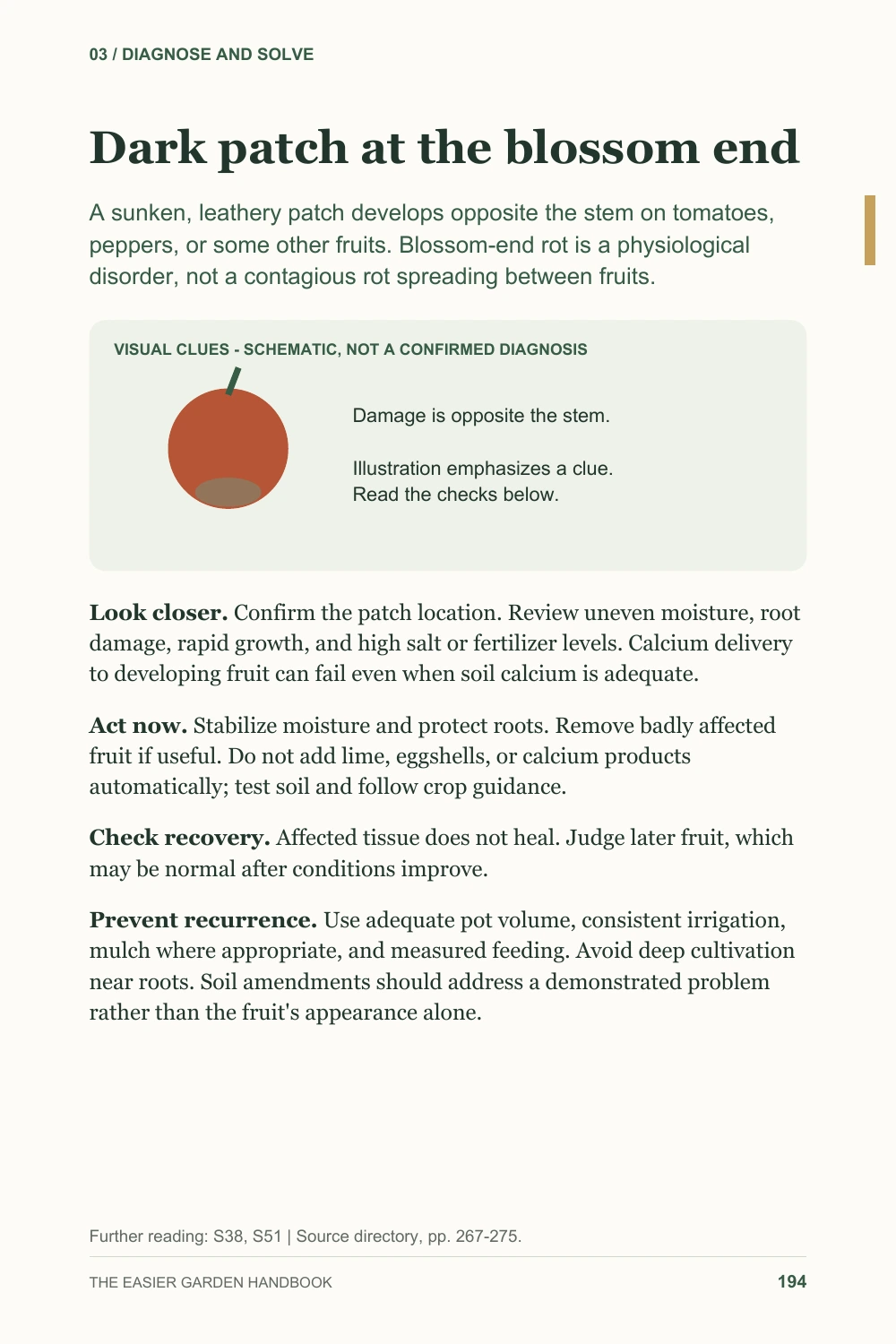 Sample page 194: Dark patch at the blossom end, an illustrated guide to identifying and managing blossom-end rot
